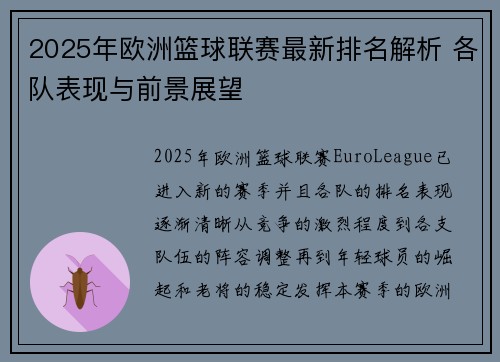 2025年欧洲篮球联赛最新排名解析 各队表现与前景展望