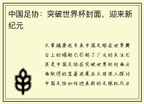 中国足协：突破世界杯封面，迎来新纪元